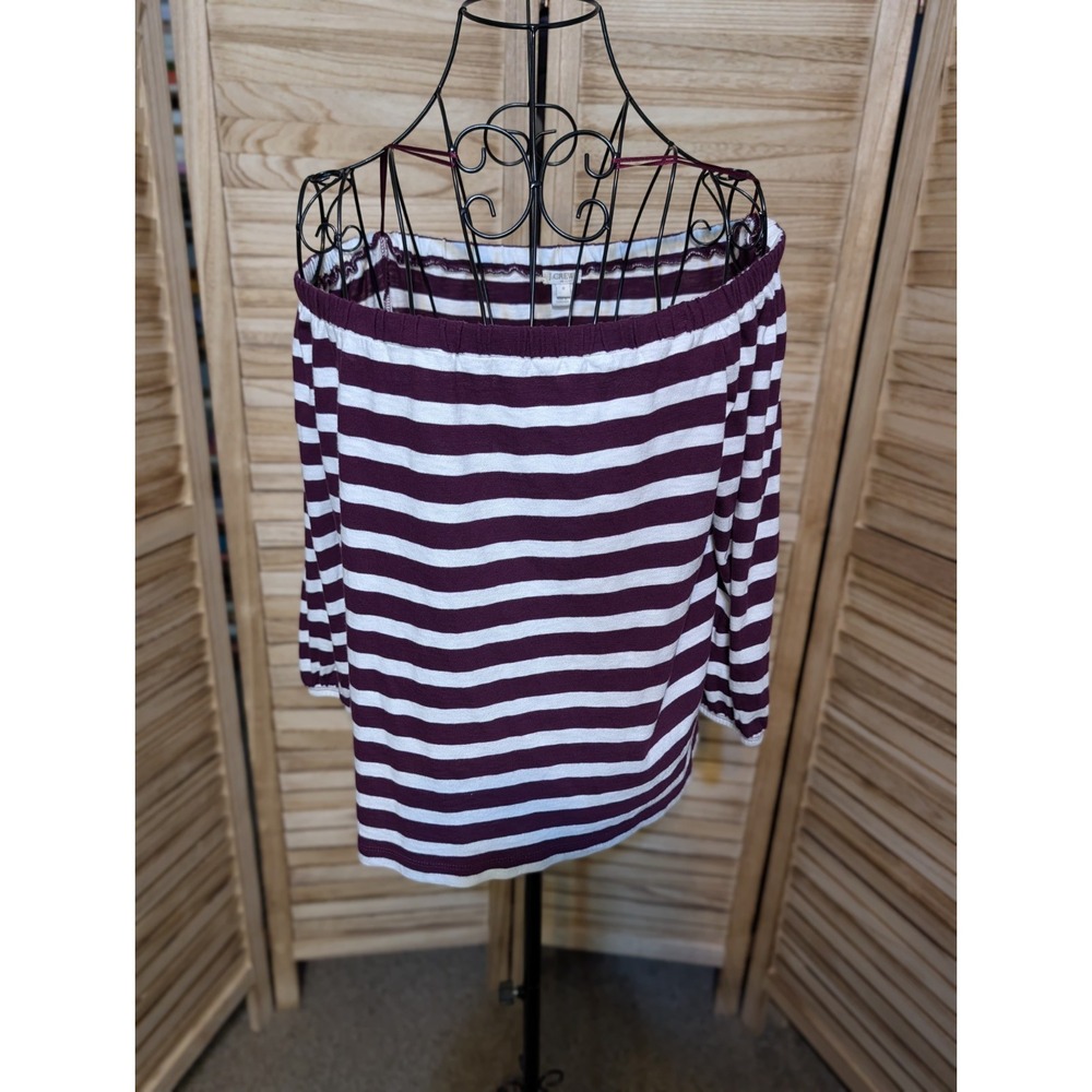 J.CREW Purple and white striped off the shoulder cropped 3/4 sleeve top Sz: M